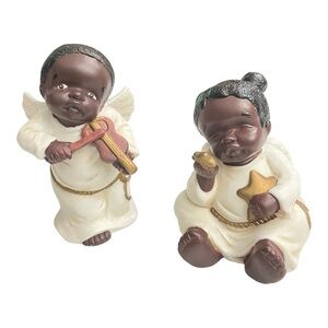 Set of African American Angel Cherub Figurine Signed Vigor Ceramic Vintage